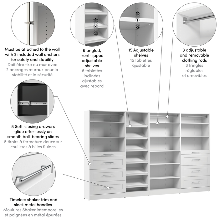 Bestar Florence 132\" Modular Walk-In Closet System with Drawers and Shoe Shelves Shaker Style - White