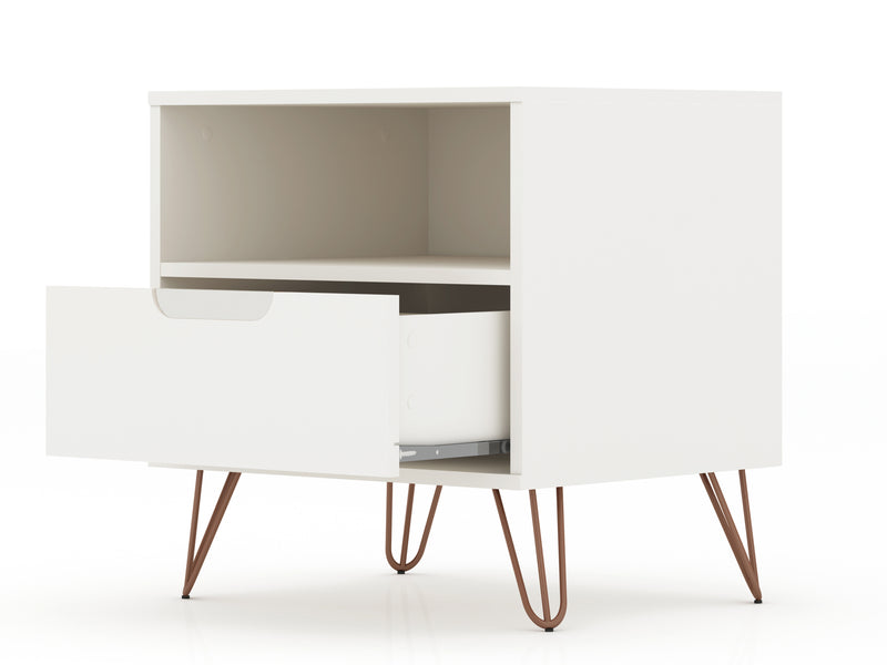 Manhattan Comfort Rockefeller Mid-Century Modern Nightstand with Drawer - White