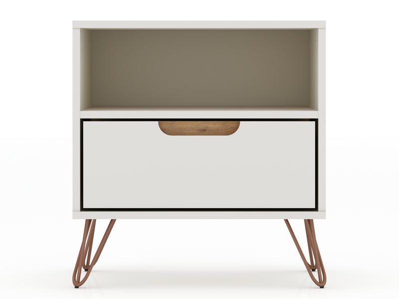 Manhattan Comfort Rockefeller Mid-Century Modern Nightstand with Drawer - Off White & Natural