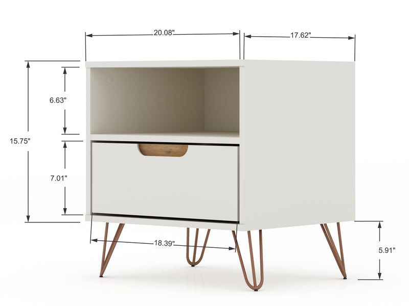 Manhattan Comfort Rockefeller Mid-Century Modern Nightstand with Drawer - Off White & Natural