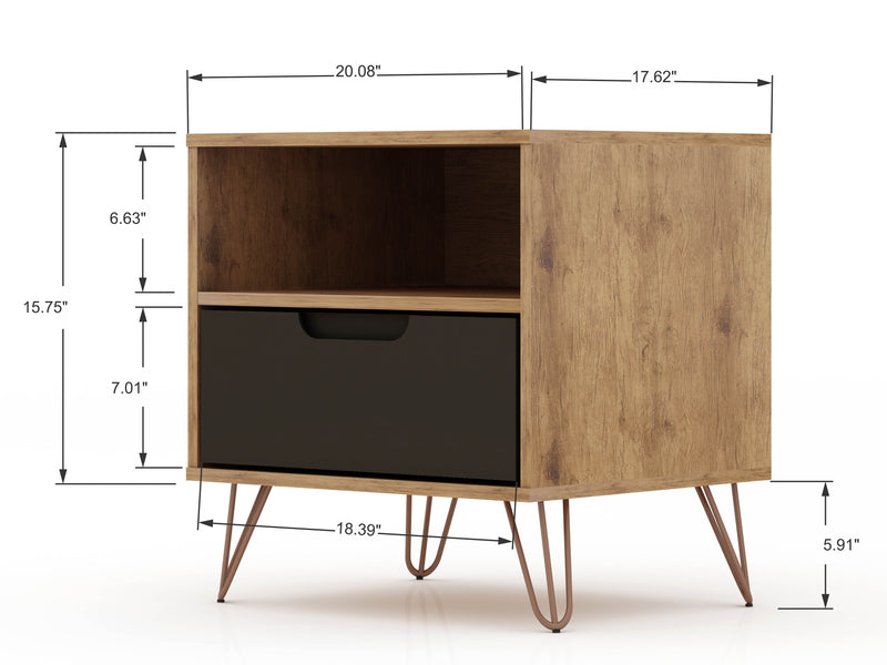 Manhattan Comfort Rockefeller Mid-Century Modern Nightstand with Drawer - Natural & Textured Grey