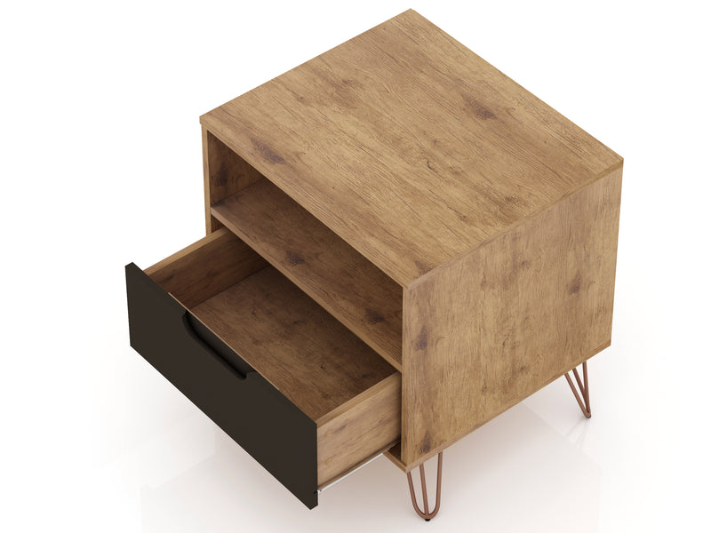 Manhattan Comfort Rockefeller Mid-Century Modern Nightstand with Drawer - Natural & Textured Grey