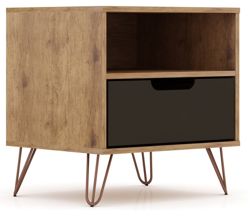 Manhattan Comfort Rockefeller Mid-Century Modern Nightstand with Drawer - Natural & Textured Grey