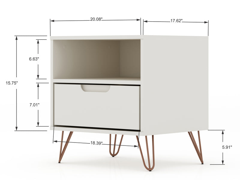 Manhattan Comfort Rockefeller Mid-Century Modern Nightstand with Drawer - Off White