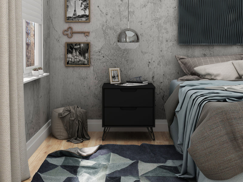 Manhattan Comfort Rockefeller Mid-Century Modern Nightstand with 2-Drawer - Black
