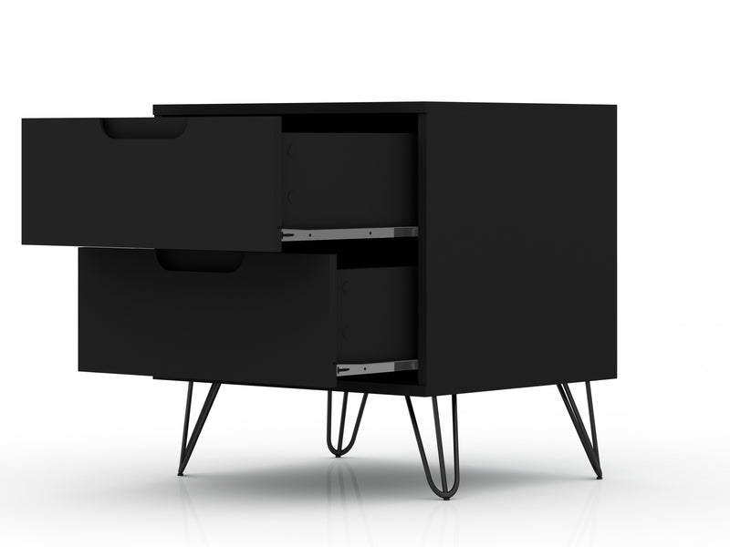 Manhattan Comfort Rockefeller Mid-Century Modern Nightstand with 2-Drawer - Black