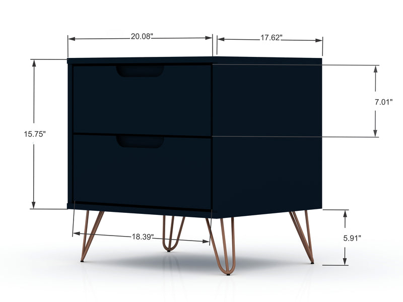 Manhattan Comfort Rockefeller Mid-Century Modern Nightstand with 2-Drawers - Tatiana Midnight Blue