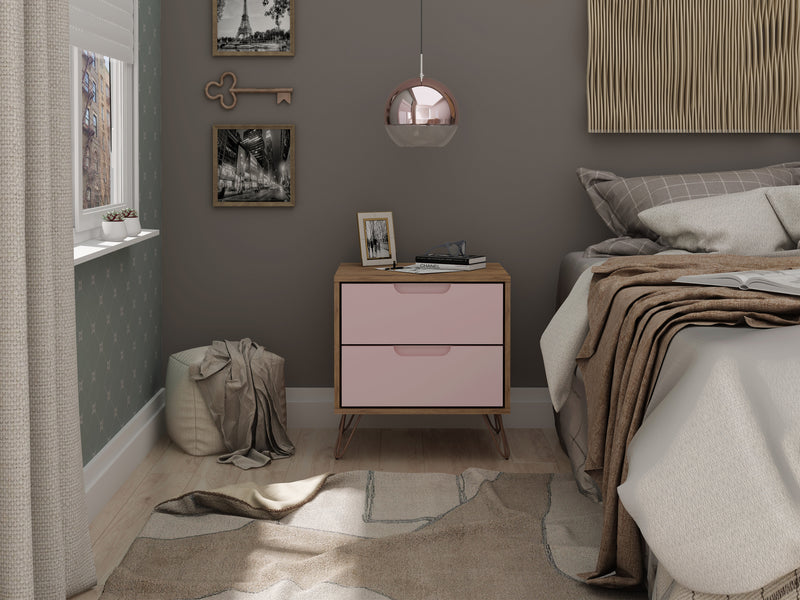 Manhattan Comfort Rockefeller Mid-Century Modern Nightstand with 2-Drawers - Natural & Rose Pink