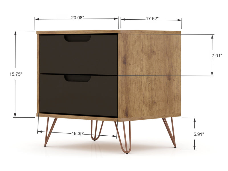 Manhattan Comfort Rockefeller Mid-Century Modern Nightstand with 2 Drawers - Textured Grey
