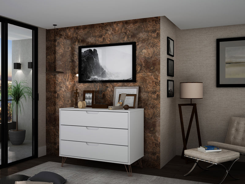 Manhattan Comfort Rockefeller Mid-Century Modern Dresser with 3-Drawers - White