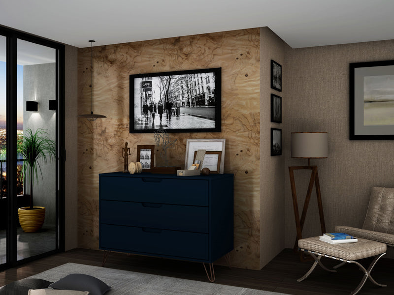 Manhattan Comfort Rockefeller Mid-Century Modern Dresser with 3-Drawers - Tatiana Midnight Blue