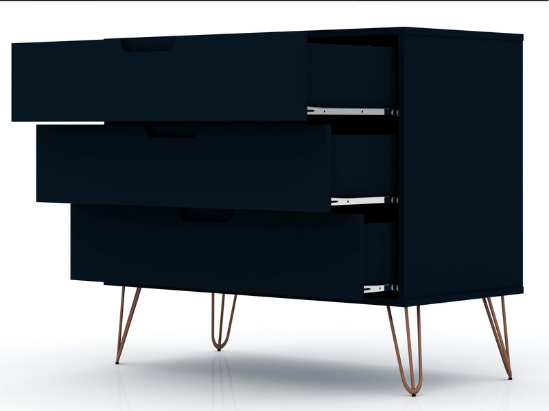 Manhattan Comfort Rockefeller Mid-Century Modern Dresser with 3-Drawers - Tatiana Midnight Blue