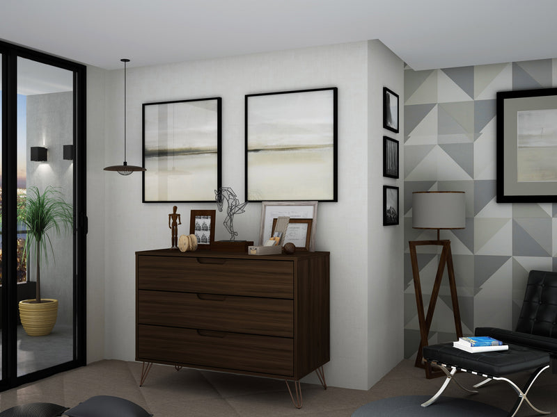 Manhattan Comfort Rockefeller Mid-Century Modern Dresser with 3-Drawers - Brown