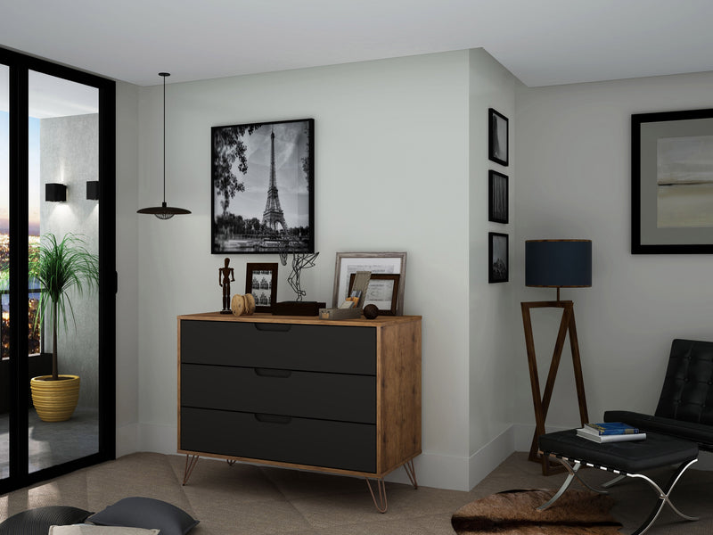 Manhattan Comfort Rockefeller Mid-Century Modern Dresser with 3-Drawers - Natural & Textured Grey