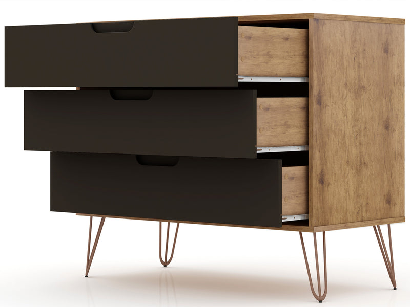 Manhattan Comfort Rockefeller Mid-Century Modern Dresser with 3-Drawers - Natural & Textured Grey