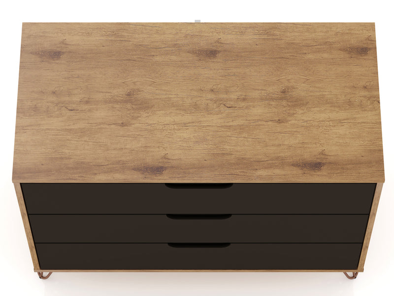 Manhattan Comfort Rockefeller Mid-Century Modern Dresser with 3-Drawers - Natural & Textured Grey