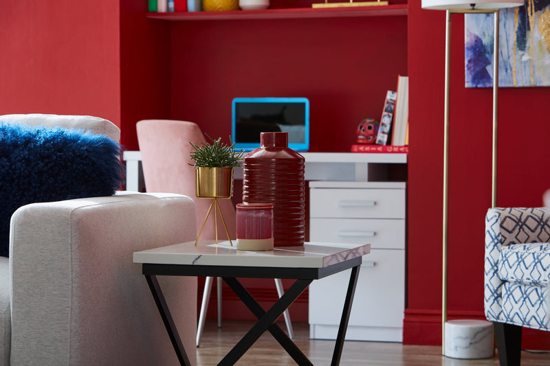 Verona 22\" Modern End Table - White Marble Look with Black Metal Base