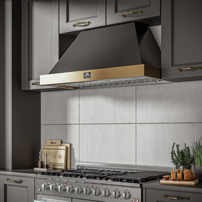 Forno Vittorio 48-Inch Wall Mount Range Hood, Black with Antique Brass Trim -FRHWM5078-48BLK
