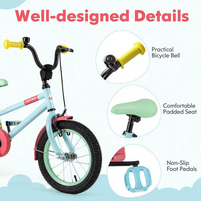 Costway 14\" Kids Bike With Adjustable Saddle Handlebar Removable Training Wheels Handbrake Red