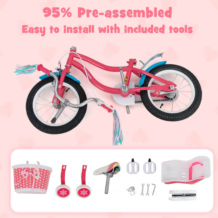 Costway 18\" Kids Bike For 4-8 Years Old With Basket Doll Seat & Colorful Streamers Kickstand Pink
