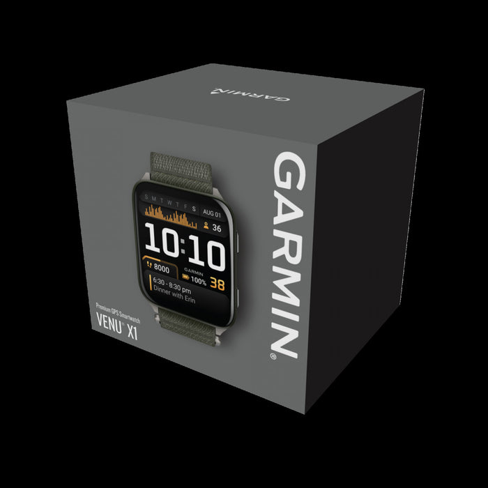 Garmin Venu X1 Moss Lightweight Smartwatch - Outdoor Tracker, Titanium Case, ComfortFit Band, Health Monitoring, Voice Commands, Music Storage