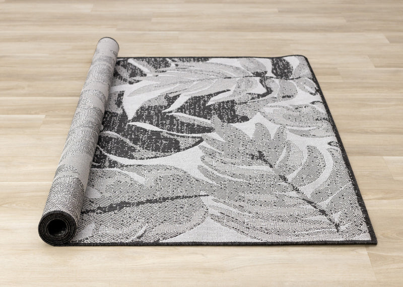 Jackson Grey White Botanical Leaves Rug, 7'10\" x 10'6\" Outdoor Area Rug