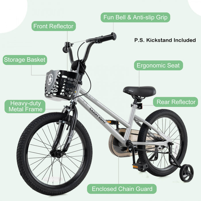 Costway 18\" Kid's Bike With Training Wheels Adjustable Handlebar & Seat Handbrake Sliver