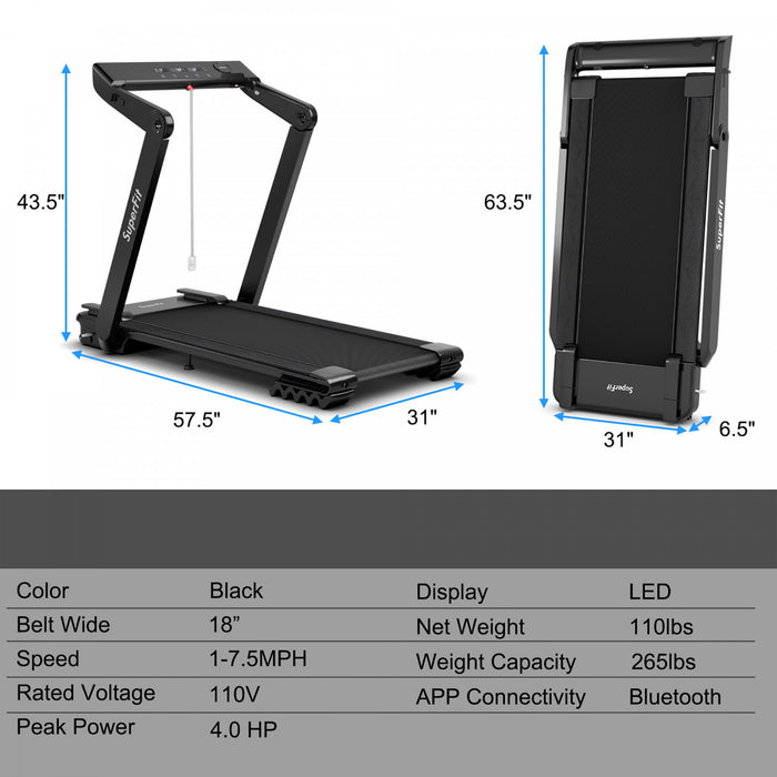 Superfit 4.0hp Foldable Electric Treadmill Jogging Machine W/bluetooth Black