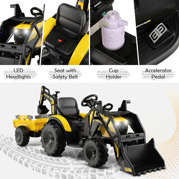 3-in-1 Kids Ride On Excavator Bulldozer 12v Electric Tractor Remote W/ Trailer Yellow