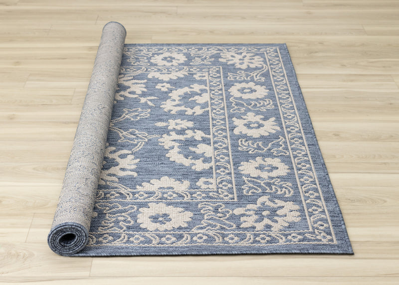 Cabana Blue White Elegant Border Outdoor Rug, 7'10\" x 10'6\" Outdoor Area Rug