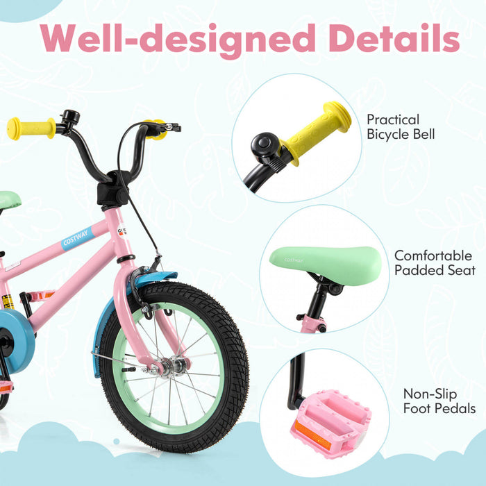 Costway 14\" Kids Bike With Adjustable Saddle Handlebar Removable Training Wheels Handbrake Pink