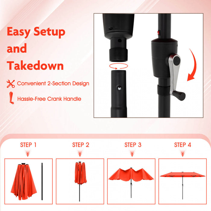 Costway 13 FT Large Patio Umbrella with LED Solar Lights Crank Handle 12 Heavy-Duty Ribs Orange