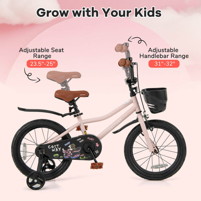 Costway 16\" Kid's Bike With Training Wheels Adjustable Handlebar & Seat Handbrake Pink