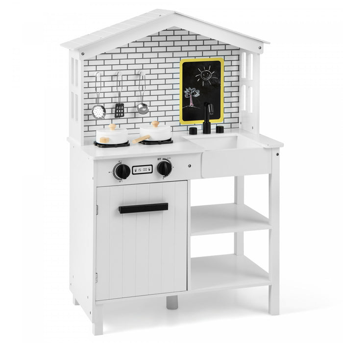 Costway Kids Farmhouse Kitchen Play Set Wooden Pretend Toy With Storage & Accessories
