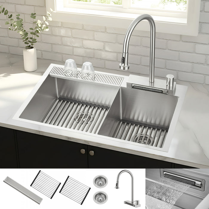 MultiSINK 33 in. D10in. Dual Mounted 60/40 Workstation Kitchen Sink, Waterfall Faucet,Stainless Steel - H-XN30 Laundry Combo
