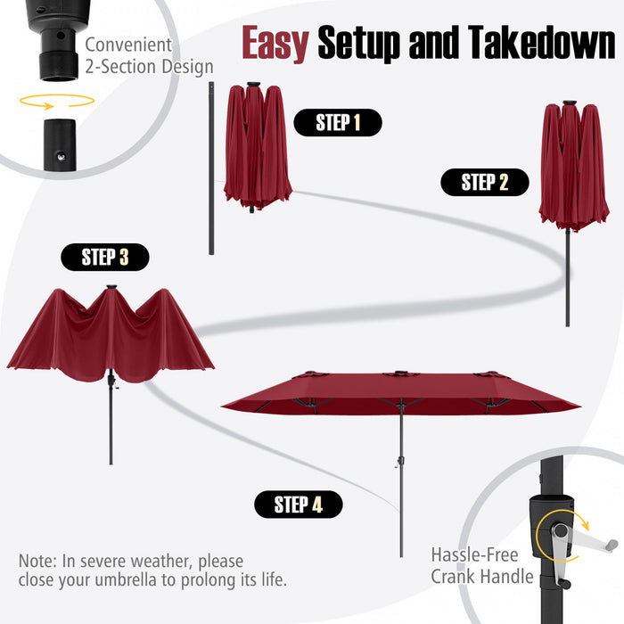 Costway 15.5 FT Extra-Large Patio Umbrella with LED Solar Lights & 12 Heavy-Duty Ribs Red