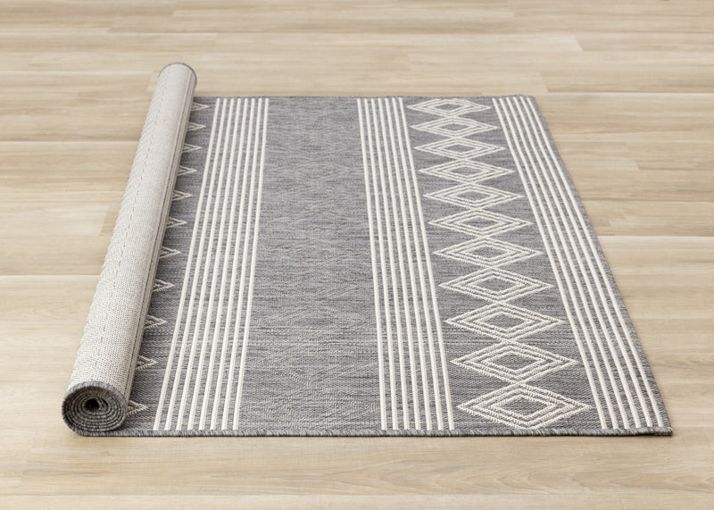 Jackson Grey White Patterned Rows Rug, 5'3\" x 7'7\" Outdoor Area Rug