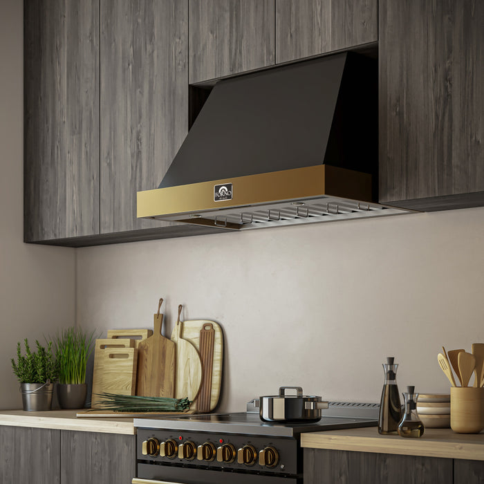 Forno Vittorio 36-Inch Wall Mount Range Hood, Black with Antique Brass Trim- FRHWM5078-36BLK