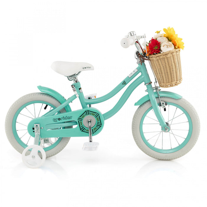 Prorider 14\" Kid's Bike With Training Wheels Adjustable Handlebar Seat Handbrake Green