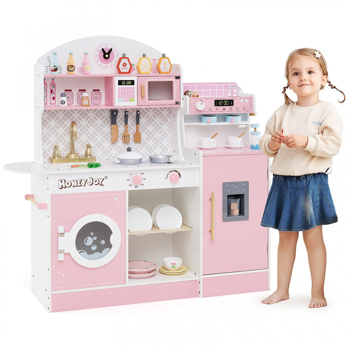 Honeyjoy Kids Kitchen Set Wooden Kitchen Playset With Clock, Microwave, Sink, Dish Rack Pink