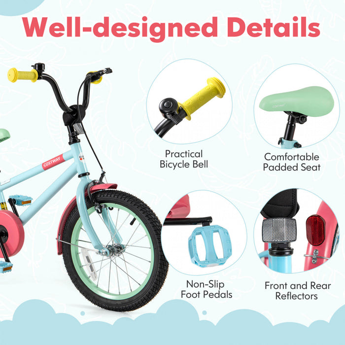 Costway 16\" Kids Bike With Adjustable Saddle Handlebar Removable Training Wheels Handbrake Red