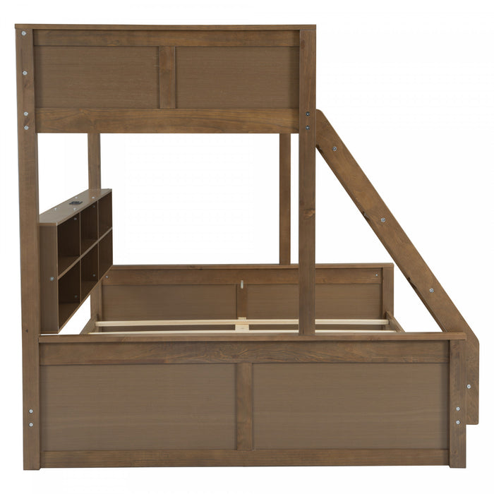 Liam Solid Wood Twin XL Over Queen Bunk Bed with Storage & USB Ports, Brown
