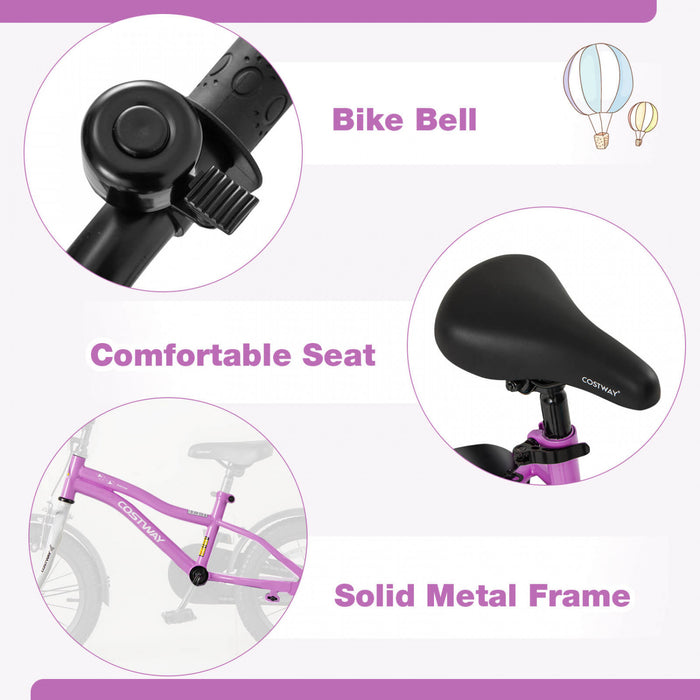 Costway 14\" Kids Bike For 3-5 Years Old Boys & Girls With Adjustable Seat Handbrake Reflectors Purple