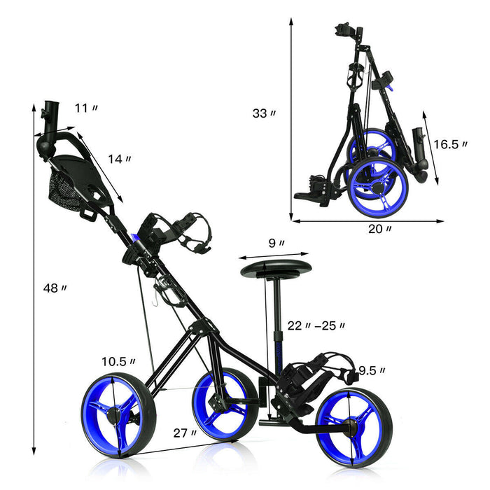 Costway Foldable 3 Wheel Push Pull Golf Club Cart Trolley W/seat Scoreboard Bag Blue