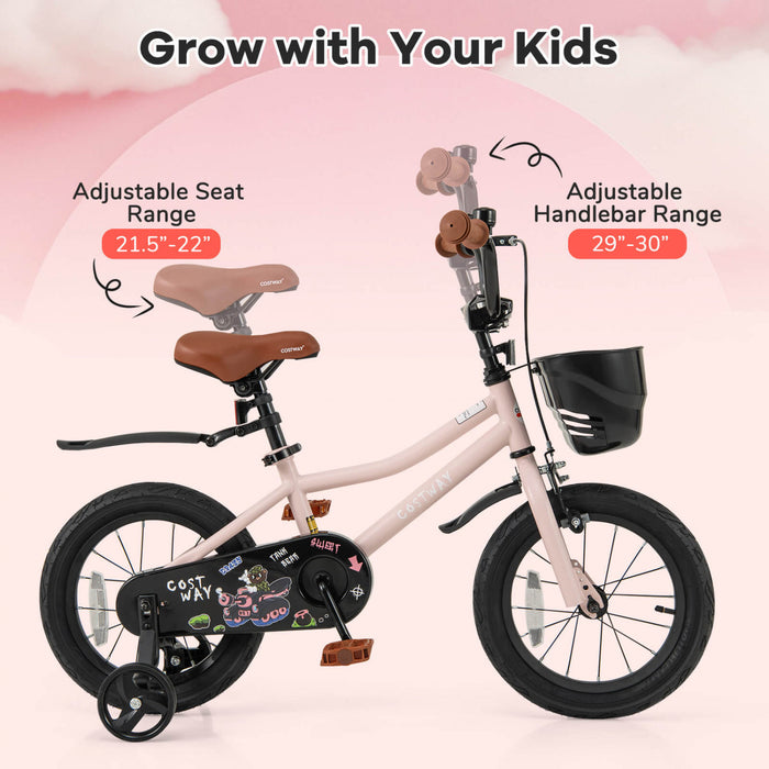 Costway 14\" Kid's Bike With Training Wheels Adjustable Handlebar & Seat Handbrake Pink