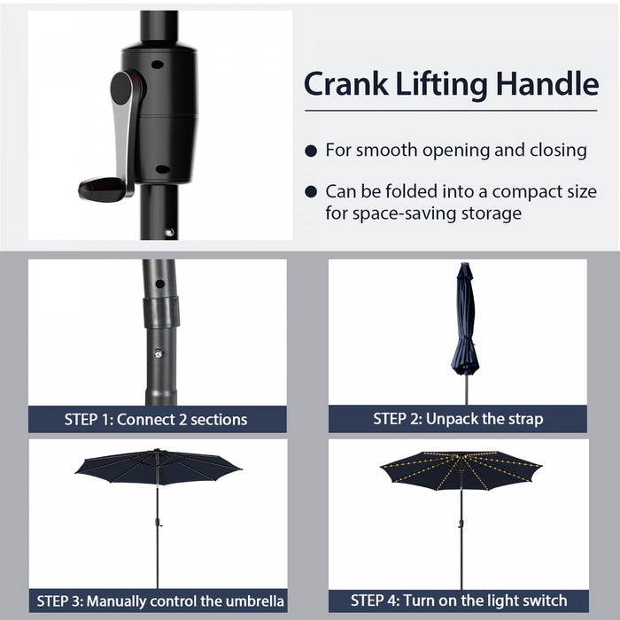 Costway 10 FT 112 LED Solar-Lighted Patio Table Market Umbrella Crank Tilt Outdoor Navy