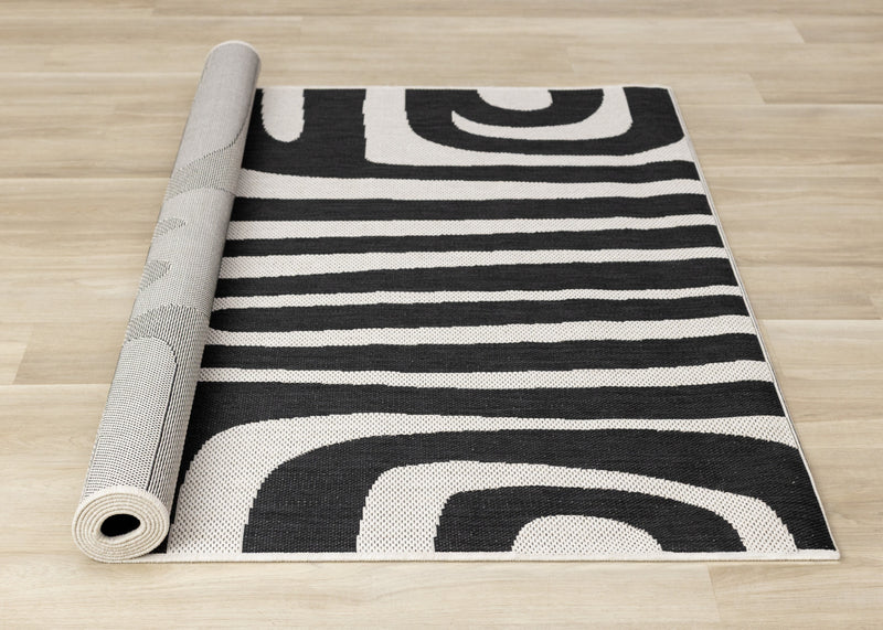 Jackson Black White Abstract Lines Outdoor Rug, 5'3\" x 7'7\" Outdoor Area Rug
