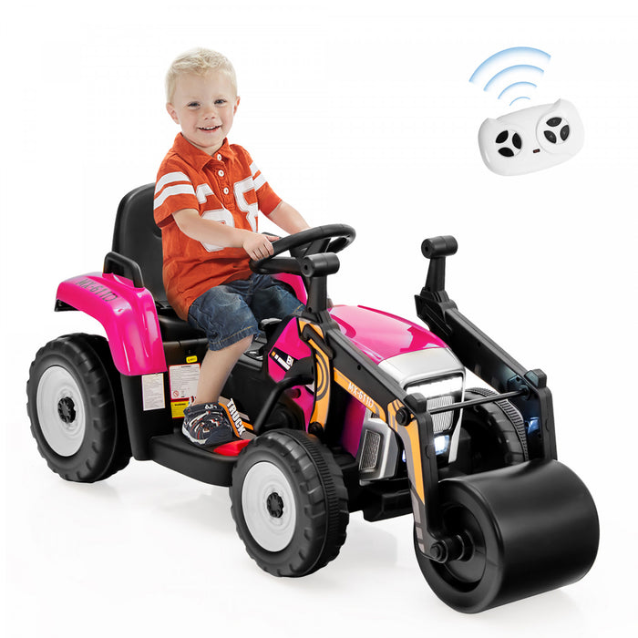 Costway Kids Ride On Road Roller 12v Electric Tractor Remote W/ Music & Led Light Pink