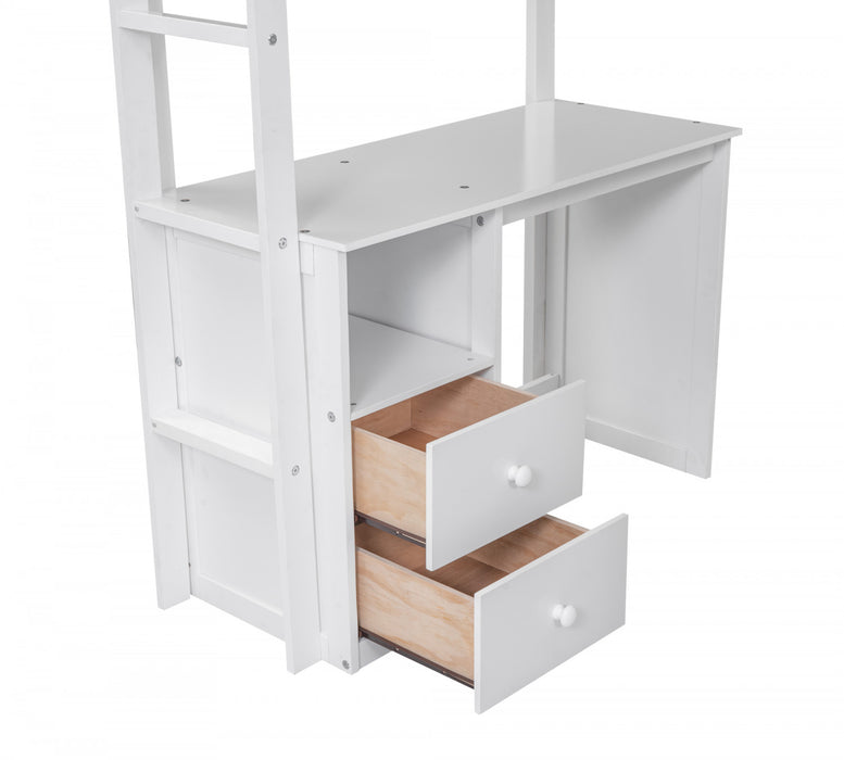 Jeffrey Solid Wood Loft Bed With Wardrobe, Desk And Drawers, Twin Size,white