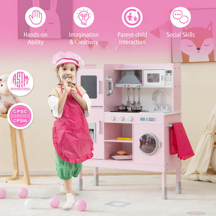 Costway Kids Pretend Kitchen Play Set Toddler Toy Wooden Chef Height Adjustable With Sounds